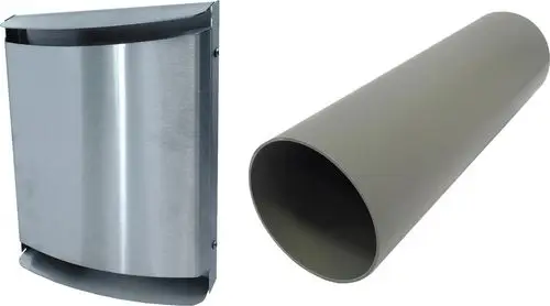 Zwei Ventilationselemente: eine Metall-Außenhaube mit gebogener Front und ein grauer Lüfterrohr mit rundem Querschnitt, beide für dezentrale Lüftungssysteme von Bosch konzipiert.